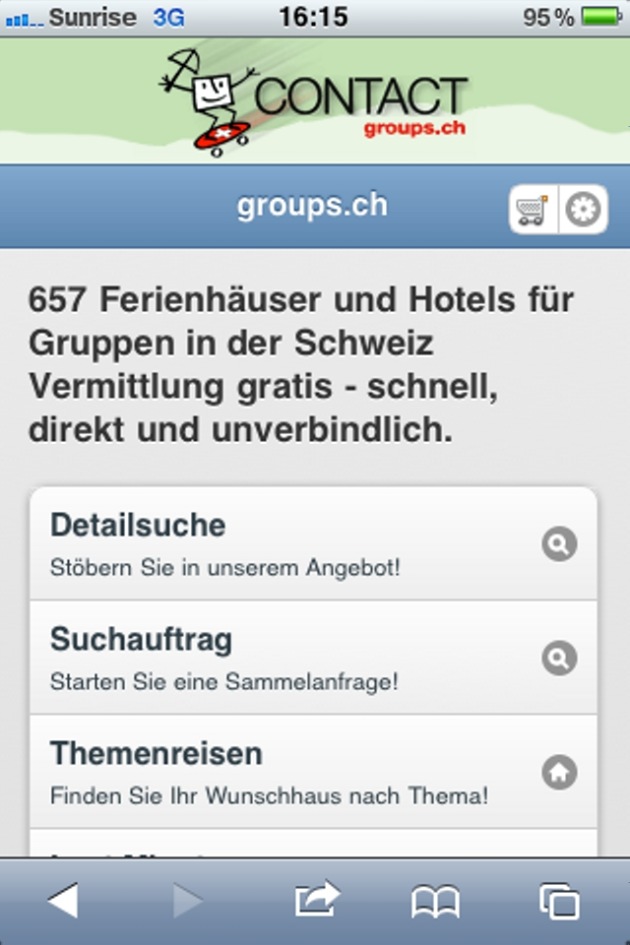 650 Ferienhäuser &amp; Hotels für Gruppen aus der Westentasche: m.groups.ch / Die neue Webapp von CONTACT groups.ch ermöglicht die Planung von Gruppenreisen unterwegs