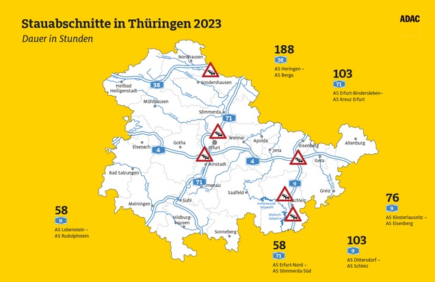 ADAC Staubilanz 2023: (fast) freie Fahrt für Thüringen / Mehr Staus im Vergleich zu 2022