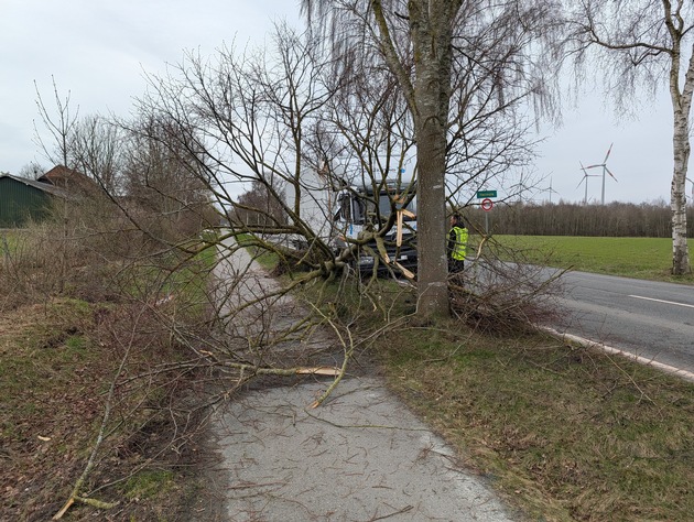 POL-STD: LKW-Fahrer weicht entgegenkommendem Sattelzug aus und prallt im Seitenraum gegen einen Baum - Fahrer bleibt unverletzt - Polizei sucht Verursacher und Zeugen
