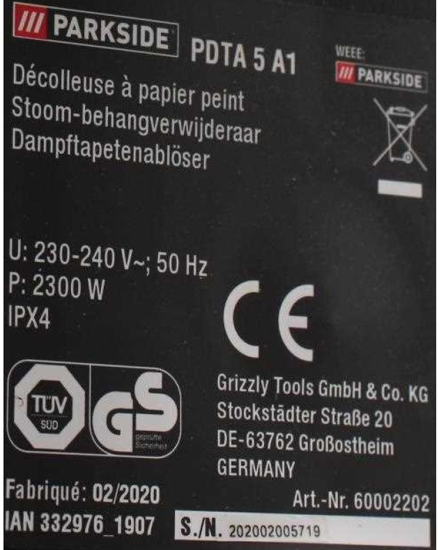 Die Firma Grizzly Tools GmbH &amp; Co. KG warnt vor der weiteren Verwendung des Artikels &quot;Dampftapetenablöser PDTA 5 A1&quot; der Marke &quot;Parkside&quot;.