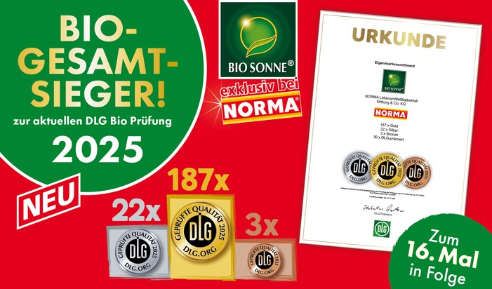 NORMA: Spitzenleistung auf der BIOFACH 2025: NORMA winkt mit 212 DLG-Medaillen für die Eigenmarke BIO SONNE erneut der Gesamtsieg / NORMA setzt Maßstäbe im Bio-Sortiment