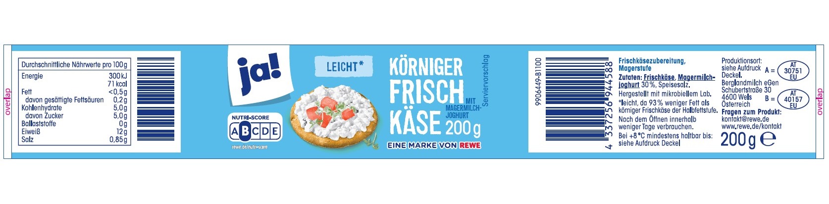 Verbraucherinformation: ja! Körniger Frischkäse 0,1% 200g