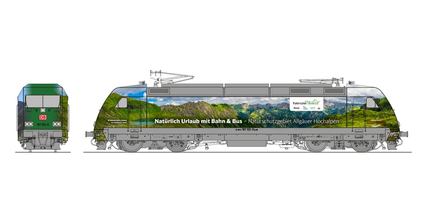 Medieneinladung zur Zug-Präsentation am 29. Juli - Fahrtziel Natur-Lok wirbt mit Bildmotiv für „Naturschutzgebiet Allgäuer Hochalpen“