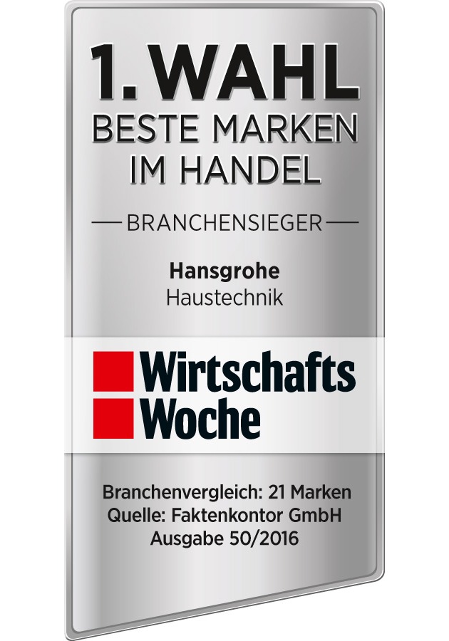 Das Magazin WirtschaftsWoche veröffentlicht Markenstudie &quot;1. Wahl 2016&quot; / Beste Marke im Handel: Platz 1 für Hansgrohe in der Kategorie Haustechnik