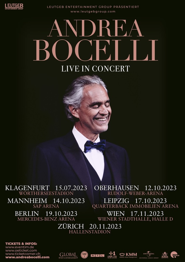 Der wohl beliebteste Tenor der Welt, Andrea Bocelli, kommt 2023 für 7 Konzerte nach Österreich, Deutschland und die Schweiz