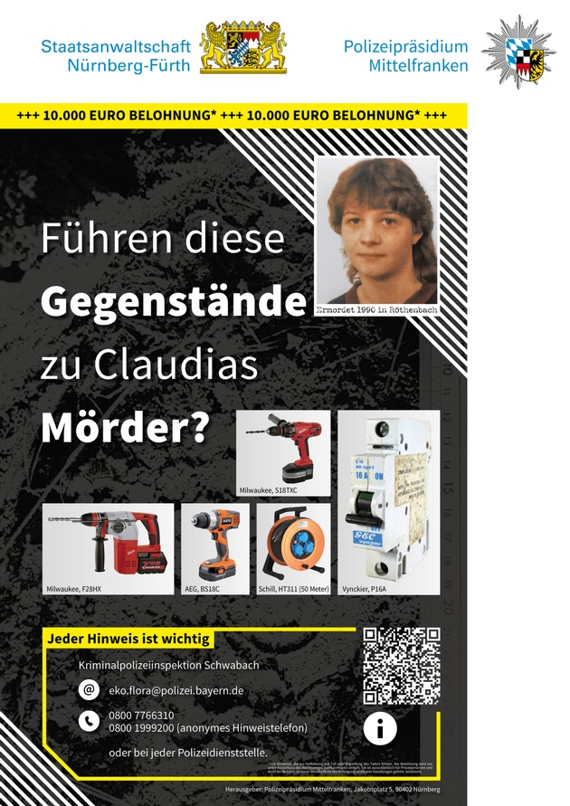 POL-MFR: (1303) Mord an Claudia Obermeier im Jahr 1990 - Spur führt zu Einbruch im Jahr 2012 - EKO Flora bittet um Hinweise aus der Bevölkerung - Auslobung in Höhe von 10.000 Euro
