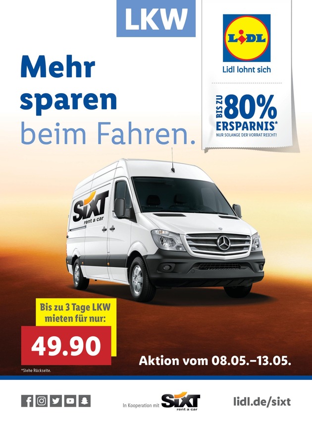 Lidl und Sixt machen mobil - für weniger als 50 Euro / Lidl-Kunden sparen durch bundesweite Kooperation bis zu 80 Prozent für einen Mietwagen von Sixt