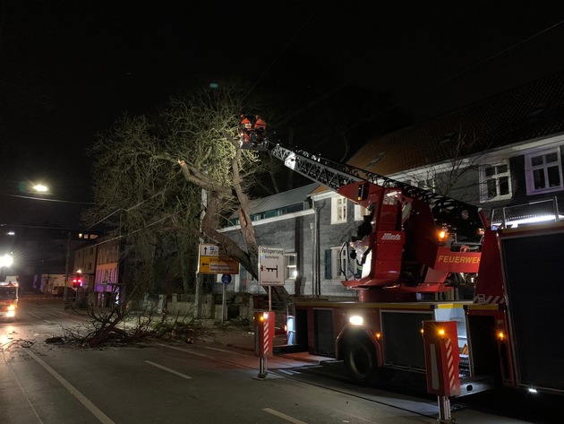 FW-BO: Nächtlicher Einsatz des Feuerwehrkrans, Baum droht Oberleitung abzureißen
