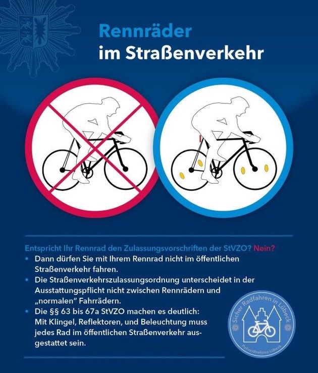 POL-HL: HL-Stadtbereich / Radkontrollen in Lübeck: Rennräder und Mountainbikes im Straßenverkehr