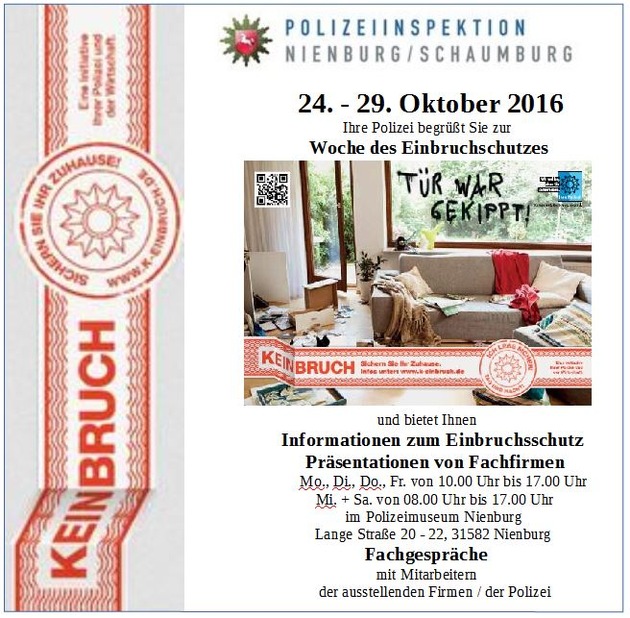 POL-NI: Woche zum Einbruchsschutz vom 24. - 29. Oktober 2016  im Polizeimuseum Nienburg
Für ein sicheres Zuhause - Mechanische Sicherungen