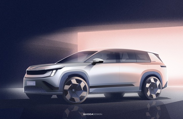 Škoda präsentiert Exterieurskizzen seines neuen elektrischen Siebensitzers Peaq