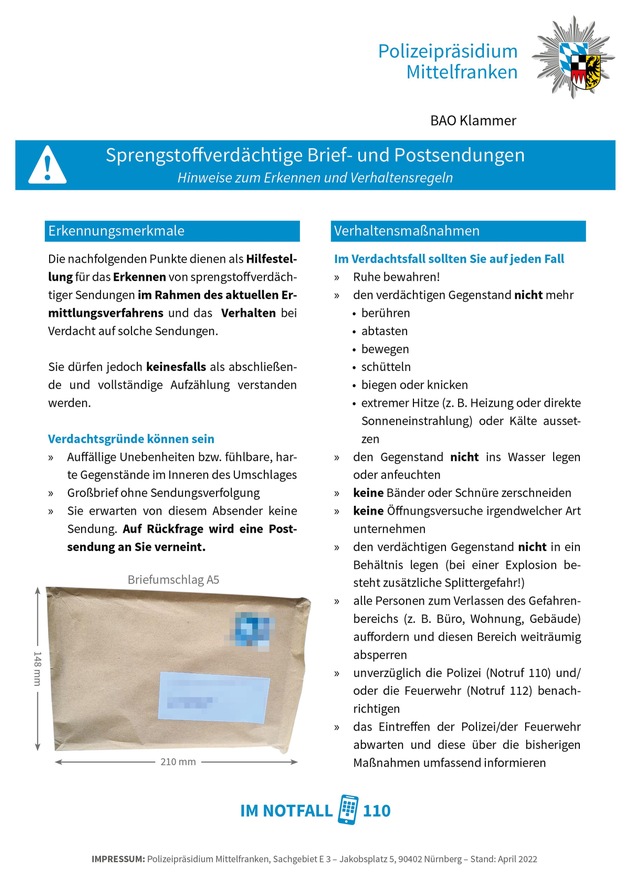POL-MFR: (551) Erpressung zum Nachteil der Commerzbank AG - BAO Klammer bestätigt den Eingang weiterer präparierter Postsendungen
