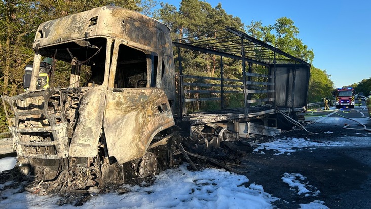 FW Speyer: LKW-Vollbrand auf der A61 - Fahrer unverletzt, B&ouml;schung und Waldfl&auml;che in Brand