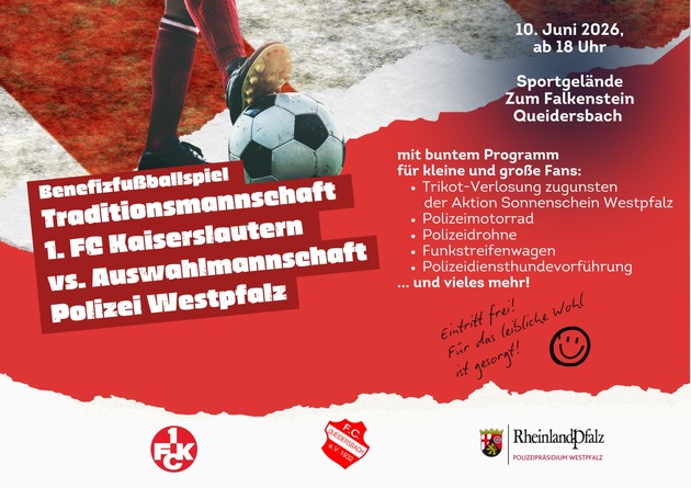 POL-PPWP: Benefizfußballspiel: 1. FCK-Traditionsmannschaft vs. Polizei-Auswahl