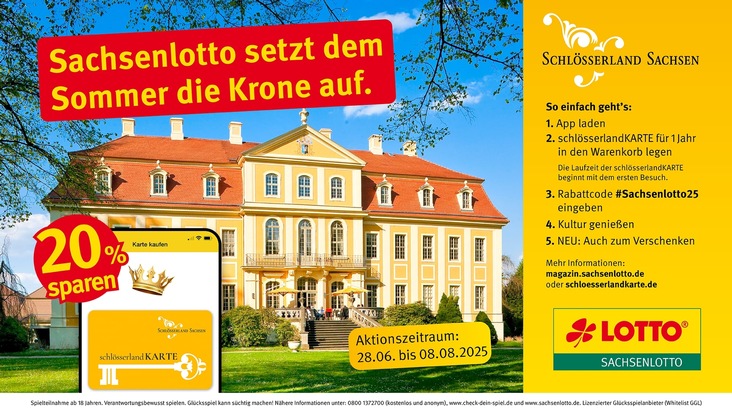 Sachsenlotto und das Schlösserland gemeinsam für Kultur. Mit Sachsenlotto 20 % Rabatt auf die schlösserlandKARTE sparen
