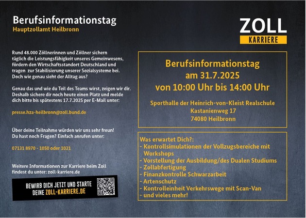 HZA-HN: Zoll Schnuppertag am 31. Juli 2025/ Infoveranstaltung für ausbildungs- und studieninteressierte Jugendliche