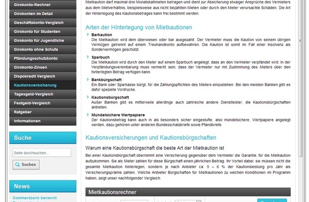 franke-media.net: Kautionsbürgschaften haben Hochkonjunktur - doch welcher Anbieter ist am günstigsten? Das zeigt der neue Mietkautionsrechner auf kostenloses-konto.net (BILD)