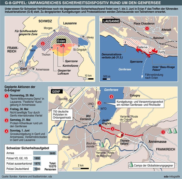 sda-Infografik - G-8-Gipfel: Umfangreiches Sicherheitsdispositiv rund um den Genfersee