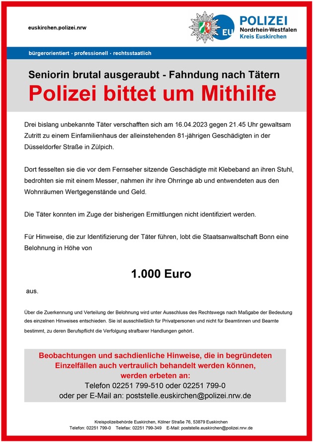 POL-EU: Nachtrag zu Raub auf Seniorin: 1.000 Euro Belohnung für Hinweise ausgelobt