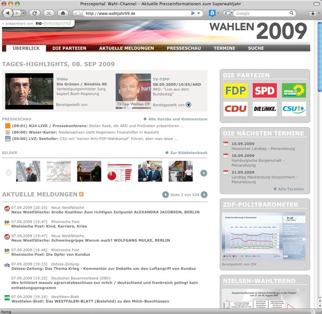 Informationsportal www.wahljahr09.de von news aktuell erleichtert die Recherche / Schon mehr als 10.000 Mitteilungen von Parteien, Organisationen und Medien