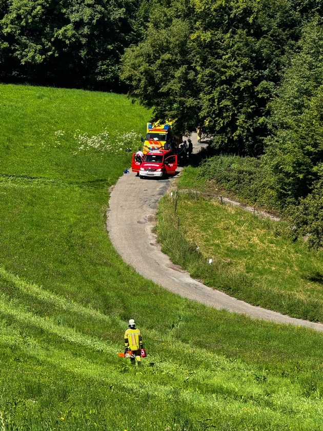 FW Weinheim: Arbeitsunfall im Wald Feuerwehr und Rettungsdienst retten verletzte Person aus unwegsamem Gelände