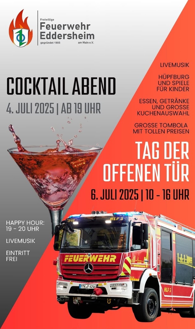 Feuerwehr MTK: Sommer, Cocktails und Blaulicht-Erlebnisse: Die Feuerwehr-Veranstaltungen 2025 in Hattersheim am Main
