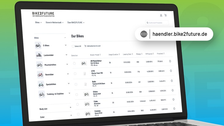 BIKE2FUTURE GmbH: BIKE2FUTURE startet B2B-Onlineshop für Leasingrückläufer / Freie Auswahl, ohne Vororder, ohne Mindestabnahme