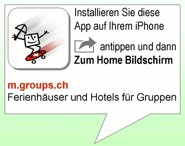 650 Ferienhäuser &amp; Hotels für Gruppen aus der Westentasche: m.groups.ch / Die neue Webapp von CONTACT groups.ch ermöglicht die Planung von Gruppenreisen unterwegs