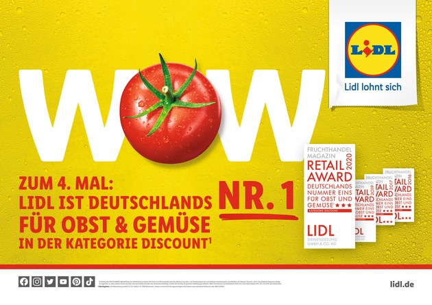Deutschlands Nummer 1 bei Obst und Gemüse: Lidl erhält zum vierten Mal &quot;Fruchthandel Magazin Retail Award&quot; / Verbraucher sind von Frische, Qualität und Preis bei Lidl überzeugt