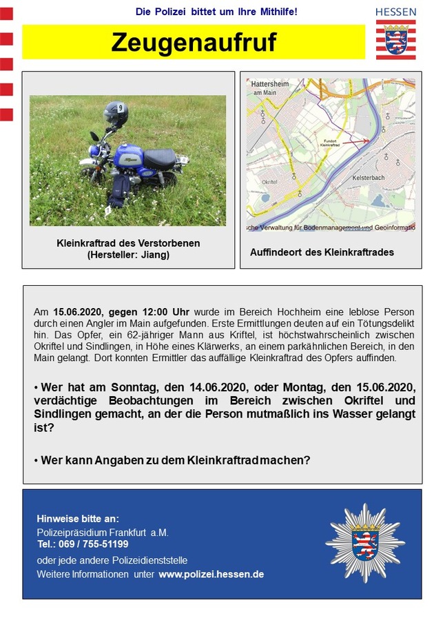 POL-F: 200619 - 0601 Frankfurt-Sindlingen: Leblose Person im Main aufgefunden - Zeugen gesucht