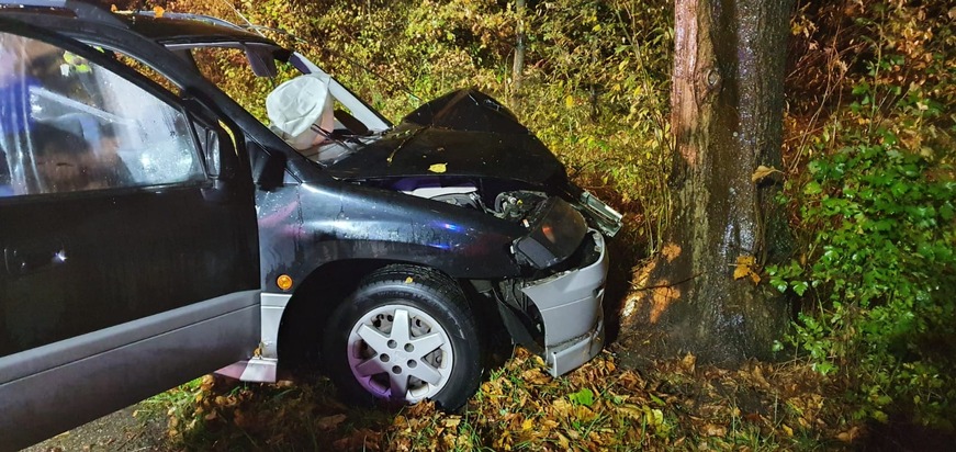 FW-WRN: TH_PERSON_KLEMMT - LZ1 - PKW gegen Baum, 1 Verletzte Person, im Auto eingeschlossen, weißer Qualm aus Motorraum
