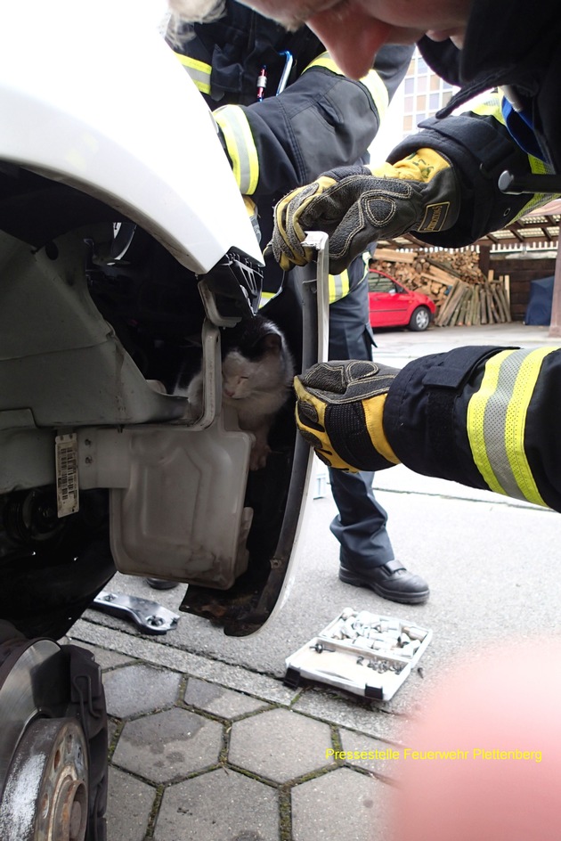 FW-PL: Feuerwehr Plettenberg - eingeschlossene Katze wurde aus Motorraum eines PKW befreit - Betriebsunfall eingeklemmte Person