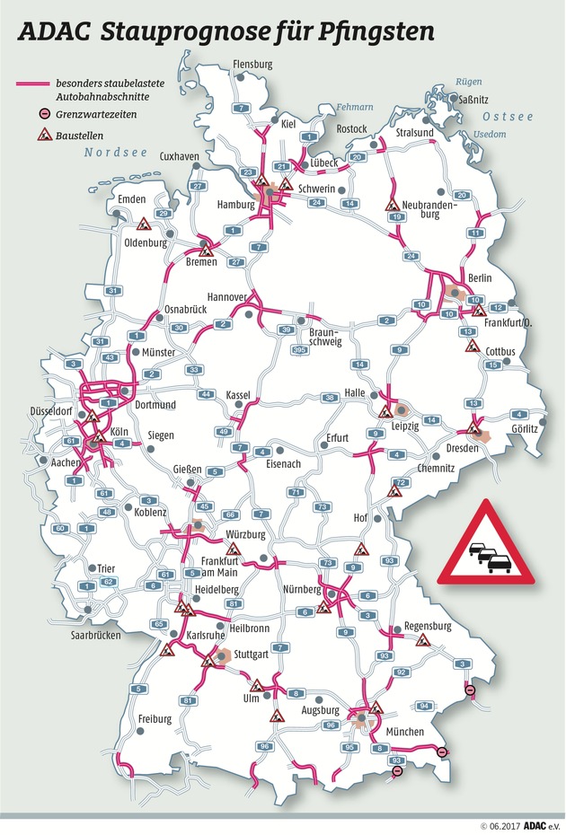 Pfingstferien: Staugefahr vor allem im Süden / ADAC-Stauprognose für das Wochenende 9. bis 11. Juni