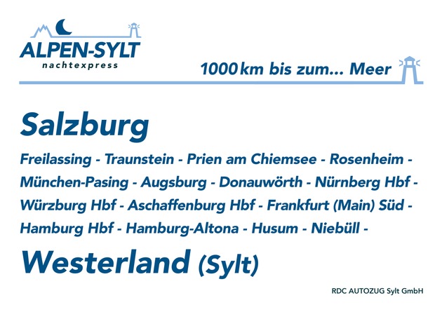 Neuer ALPEN-SYLT Nachtexpress verbindet Alpen und Küste / 4x pro Woche stau- und stressfrei über Nacht im eigenen Liegewagenabteil von Salzburg nach Sylt und zurück / Tickets ab 399 EUR/Abteil