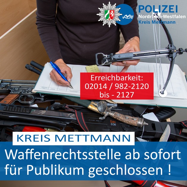 POL-ME: Waffenrechtsstelle der Kreispolizei für Publikumsverkehr gesperrt - Kreis Mettmann - 2003083