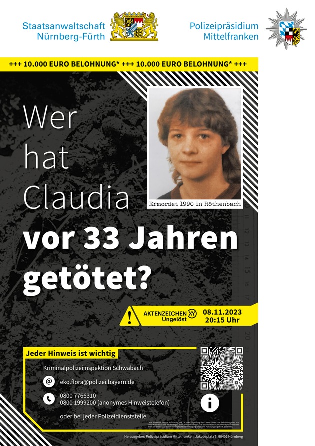 POL-MFR: (1274) Mord an Claudia Obermeier im Jahr 1990 - Kriminalpolizei Schwabach gründet Ermittlungskommission &#039;Flora&#039; - Ausstrahlung bei &#039;Aktenzeichen XY... Ungelöst&#039;