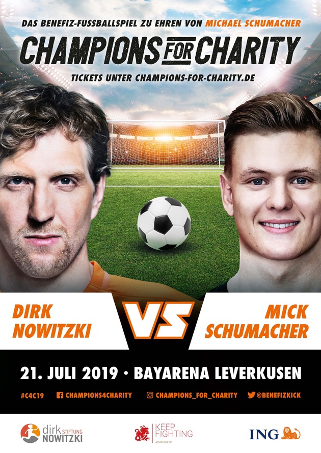 &quot;Champions for Charity&quot; 2019: Dirk Nowitzki tritt wieder gegen Mick Schumacher an / Benefiz-Fußballspiel zu Ehren von Michael Schumacher findet am 21. Juli in Leverkusen statt