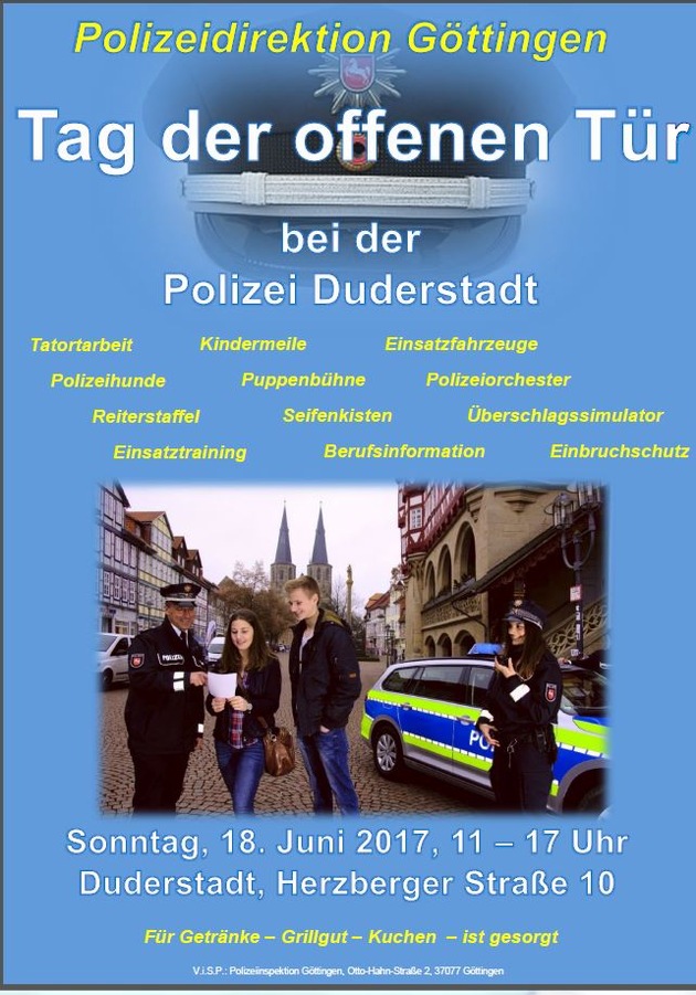 POL-GÖ: (356/2017) Gleich zwei Highlights am Wochenende in Duderstadt - Konzert des Polizeiorchesters am Freitag, &quot;Tag der offenen Tür&quot; der Polizei am Sonntag, Organisatoren freuen sich auf viele Besucher!