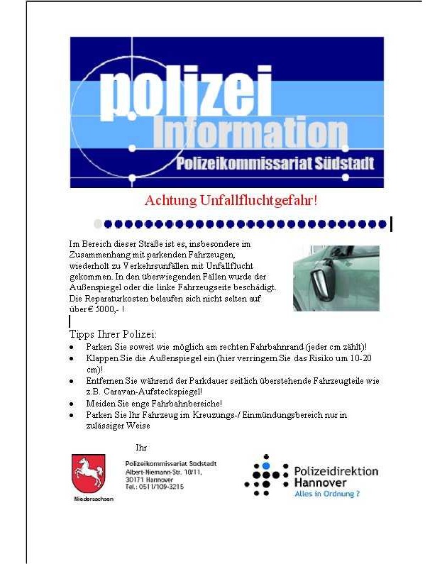 POL-H: 1.000 Flyer verteilt zum Thema &quot;Unfallflucht&quot; Hannover - Südstadt