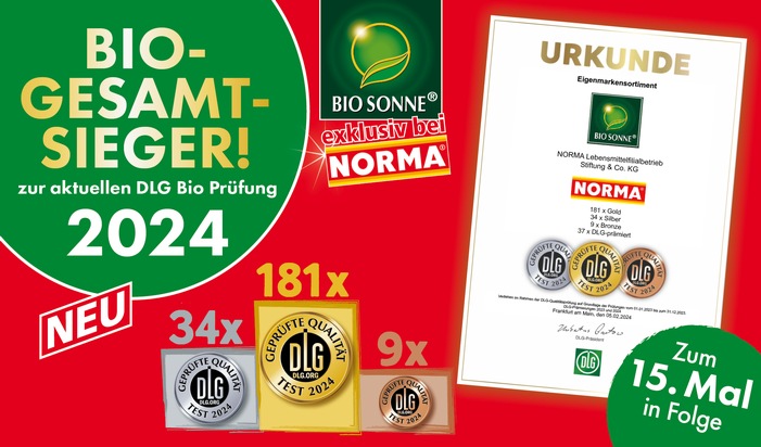 NORMA: Bio-Gesamtsieger 2024: NORMA kann sich auf 224 DLG-Auszeichnungen für die Eigenmarke BIO SONNE bei der BIOFACH 2024 freuen / Lebensmittel-Discounter NORMA auch in diesem Jahr wieder meist prämiert