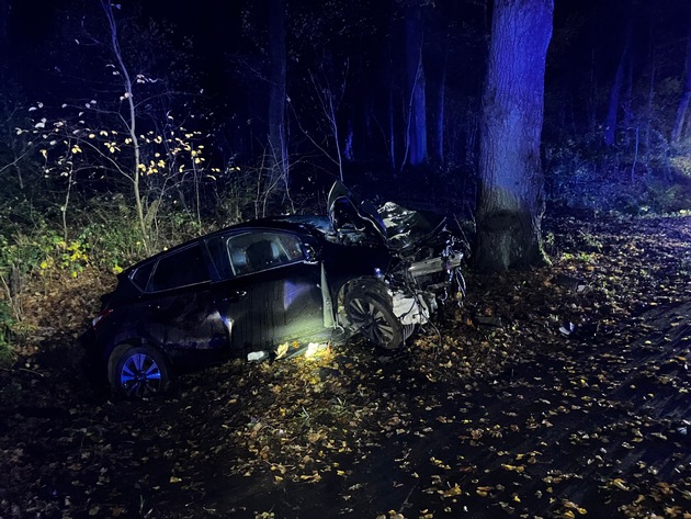 FW Paderborn: Verkehrsunfall in Paderborn-Sande Zwei Verletzte nach Frontalaufprall gegen Baum
