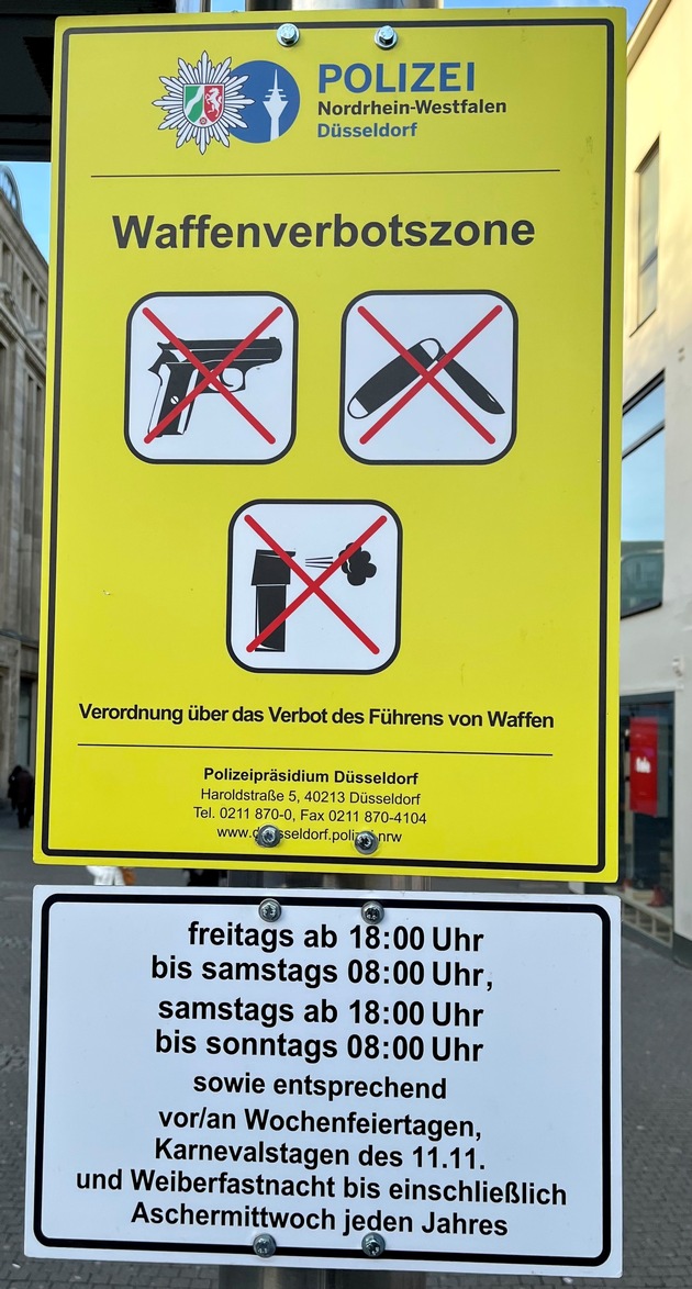 POL-D: Waffenverbot in der Düsseldorfer Altstadt - Viele Altstadtbesucher zeigen sich unwissend - Polizeipräsidium informiert erneut zur Verordnung - Verbotsschild hängt als Datei an