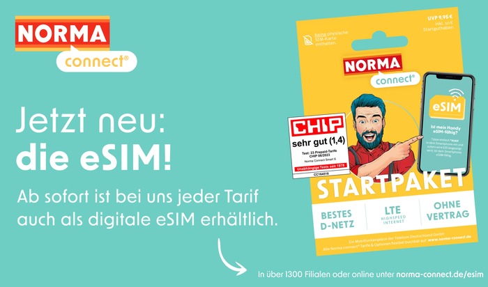 NORMA: Top-Tarife zu günstigen Preisen im besten D-Netz: NORMA Connect jetzt auch über die nachhaltige eSIM erhältlich / Keine klassische SIM nötig, kein Plastik verschwendet, gleichbleibend starke Leistung