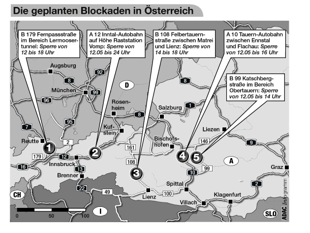 Wegen Ausweitung der Straßenblockaden: Sondereinsatz der
ADAC-Stauberater in Österreich