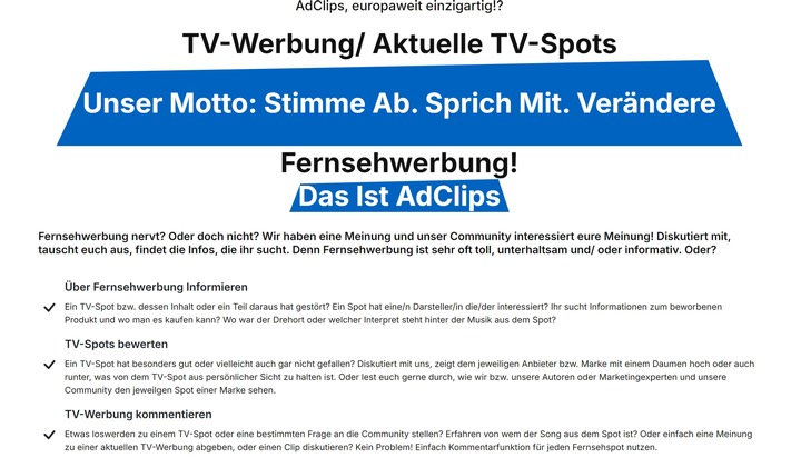 Stimme ab, sprich mit, verändere Fernsehwerbung! / Bewertungen und Diskussionen zu aktuellen und historischen TV-Spots - AdClips.tv