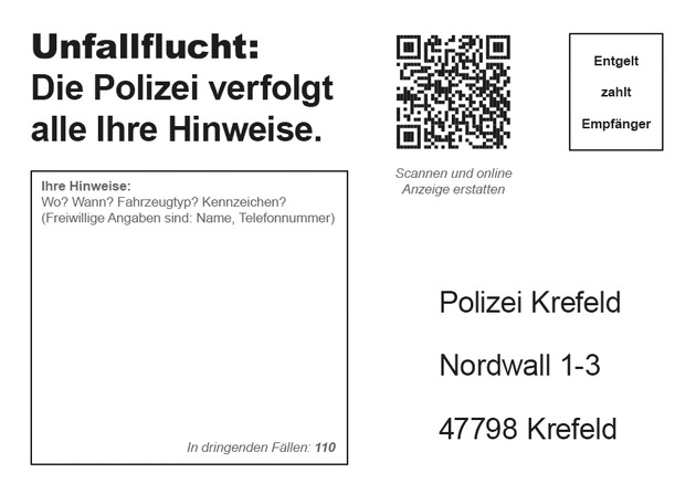 POL-KR: Einladung zum Pressetermin am 17. Mai 2019 um 13:30 Uhr 
Aktion gegen Verkehrsunfallflucht - Polizei Krefeld für mehr Aufmerksamkeit und Ehrlichkeit