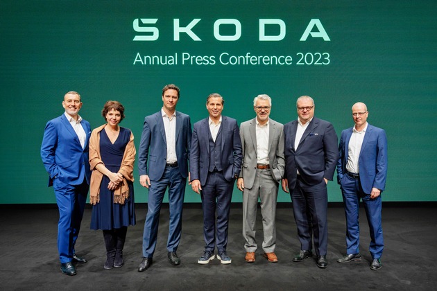 Škoda Auto Jahrespressekonferenz: Bilder und Reden auf dem Škoda Storyboard