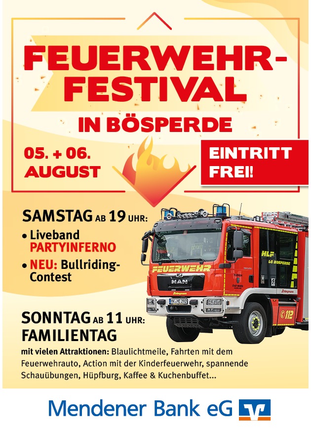 FW Menden: Feuerwehr-Festival Bösperde findet auch bei Regenwetter statt!