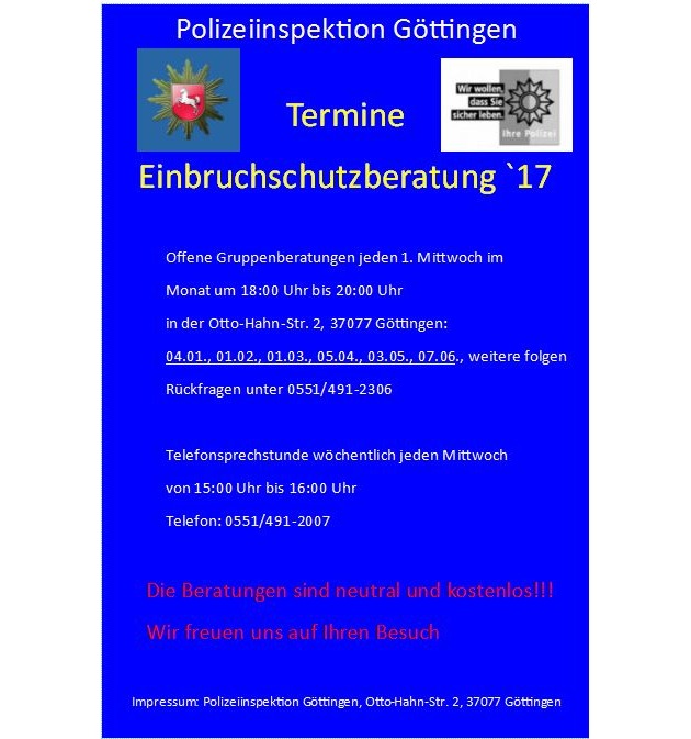 POL-GÖ: (281/2017) Polizeiliche Beratung für wirksamen Einbruchschutz - Veranstaltung in Göttingen am 3. Mai 2017