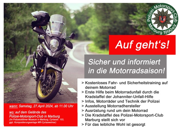 POL-MR: Auf geht&#039;s - sicher und informiert in die Motorradsaison Info- und Trainingstag am 27. April rund ums Motorrad beim Polizei-Motorsport-Club in Marburg